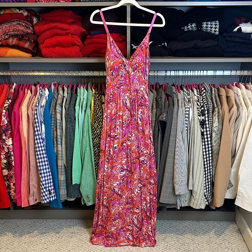 Allison Brittney pink/purple print adjustable strap v neck padded maxi dress M